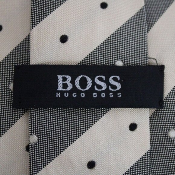 Hugo Boss Tie 100% Silk Cream, Charcoal Grey & Black Diagonal Striped Polka Dot - Picture 3 of 4